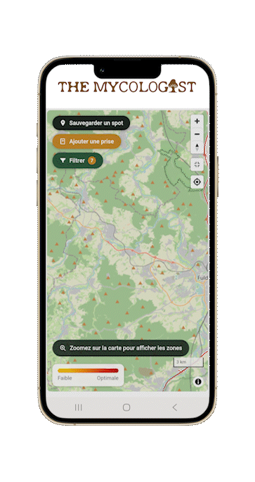 Anteprima animata dell’app The Mycologist: mappa delle zone e indice di crescita